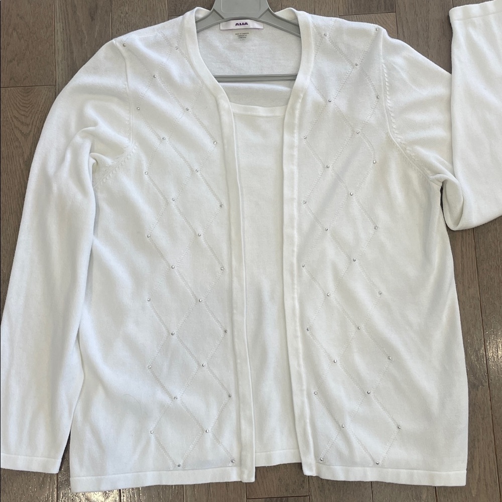 Alia White Embellished Open Front Cardigan Set